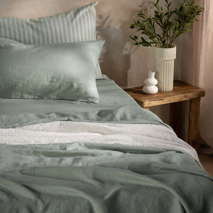 Misty Green French Linen Bedding and Bed Sheets - breathable, close-up detail 4 | Soak and Sleep