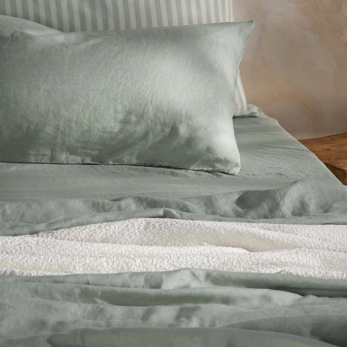 Misty Green French Linen Bedding and Bed Sheets - breathable, close-up detail 5 | Soak and Sleep