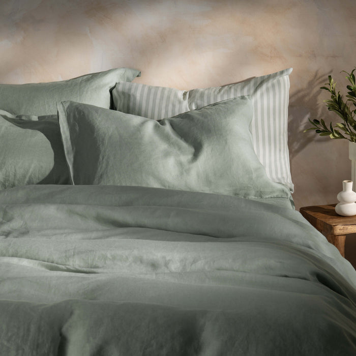 Misty Green French Linen Duvet Cover - breathable, bedroom detail | Soak and Sleep