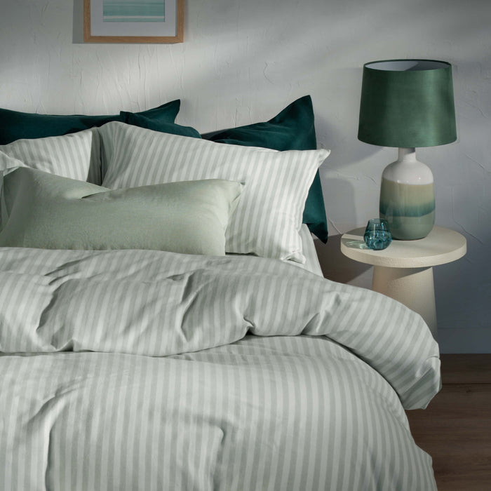 Misty Green Herringbone Bedding & Bed Sheets - cotton, breathable, styled in a bedroom | Soak and Sleep