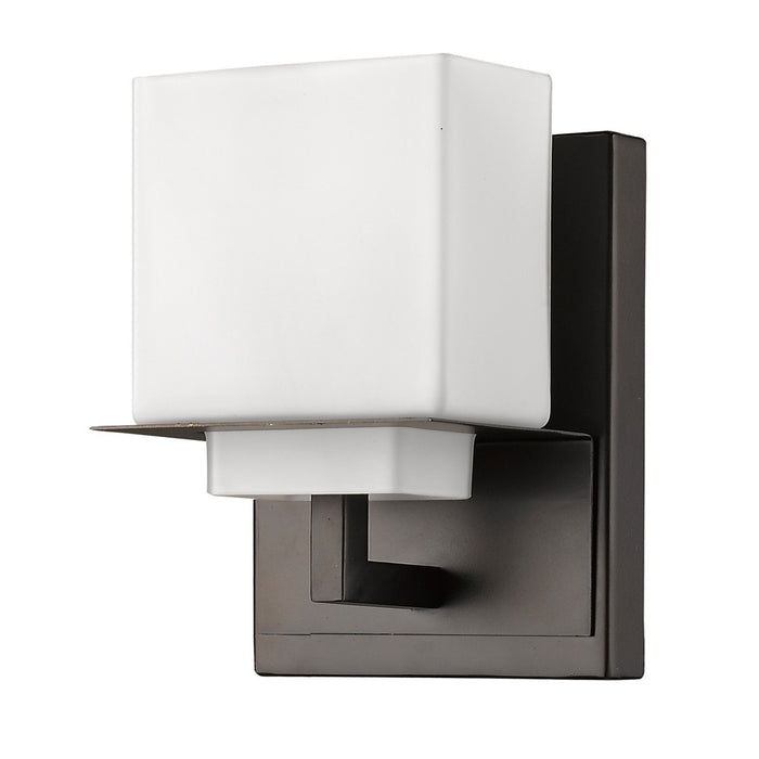 Single-light wall sconce with oil-rubbed bronze finish and square frosted glass shade