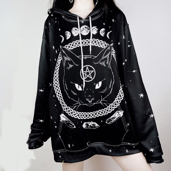 Moon Phase Cat Black Hooded Sweatshirt