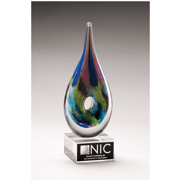 9.9" Multi-Colored Teardrop Art Glass on Clear Glass Base