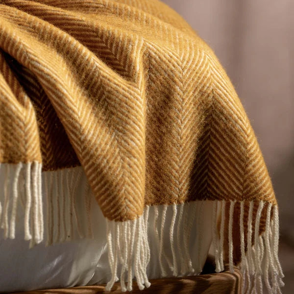 Mustard Herringbone Pure Wool Throws & Cushions detail view 2 | Soak and Sleep