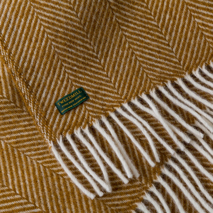 Mustard Herringbone Pure Wool Throw close-up detail 1 | Soak and Sleep