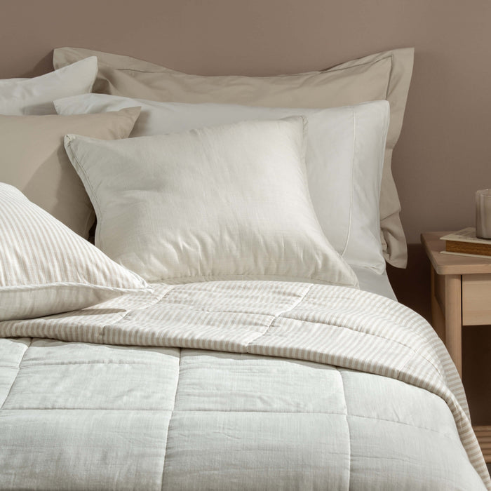 Natural Linen Look Bedspread & Cushion Bundle - striped, close-up detail 2 | Soak and Sleep