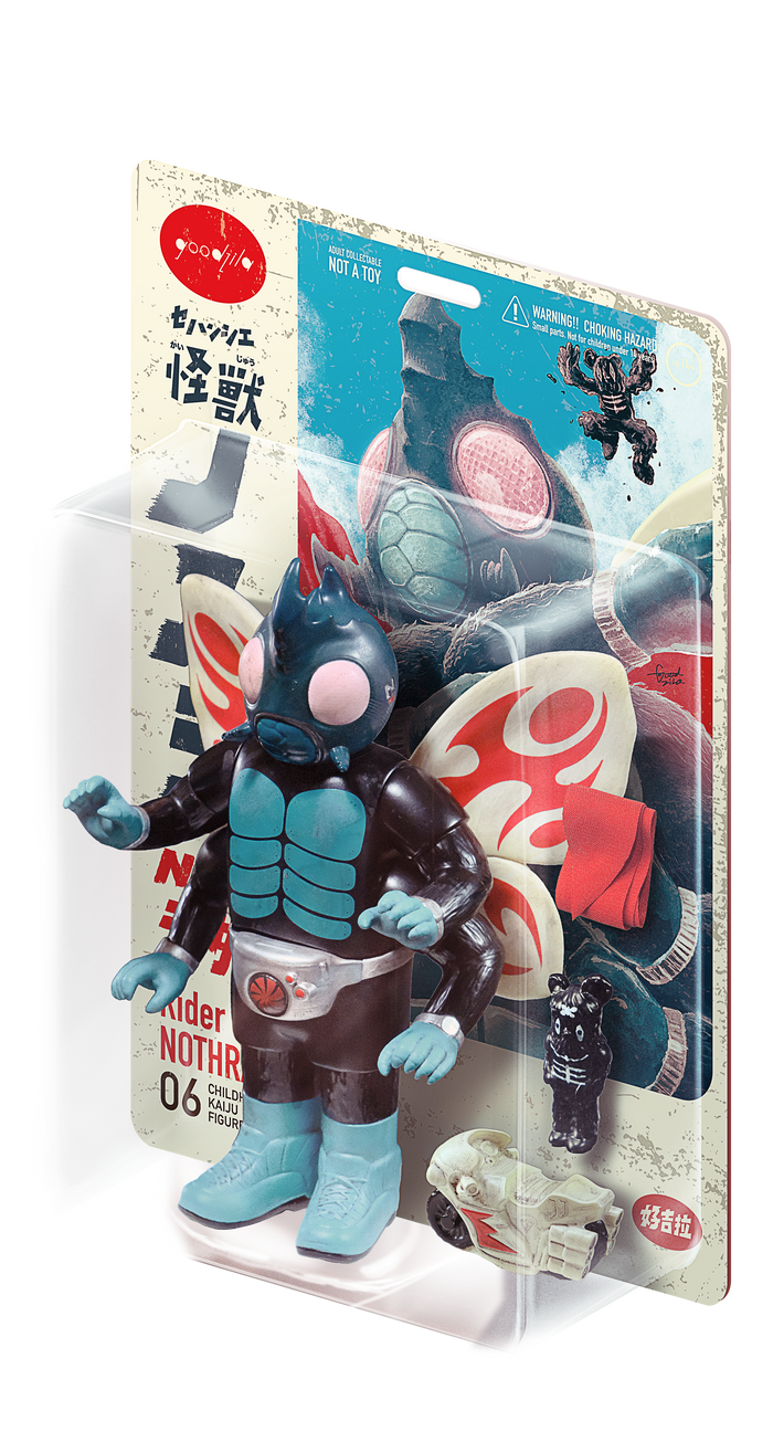 NOTHRA Rider NO.1 toy, featuring a turtle cartoon and bold text elements, embodies a heroic, insect-inspired figure with lightning reflexes and a red scarf.