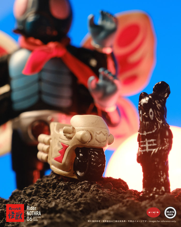 Nothra Rider NO.1 action figure, featuring insect-themed armor, a red scarf, and a net, captured in a close-up, emphasizing its heroic and dynamic design.