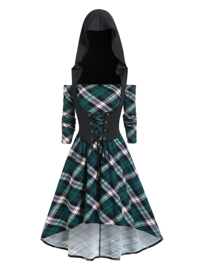 Off Shoulder Plaid Hooded Dress