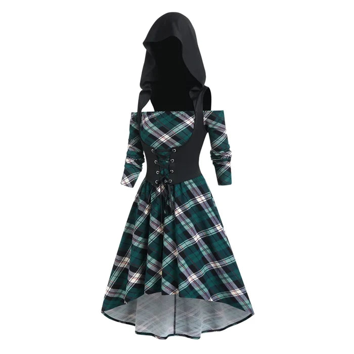 Off Shoulder Plaid Hooded Dress