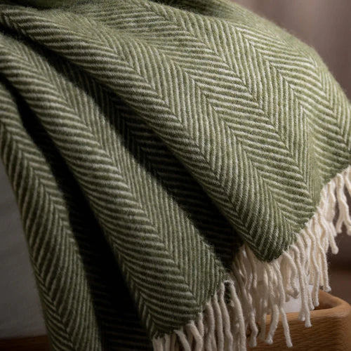 Olive Green Herringbone Pure Wool Throws & Cushions - mustard, detail view 2 | Soak and Sleep