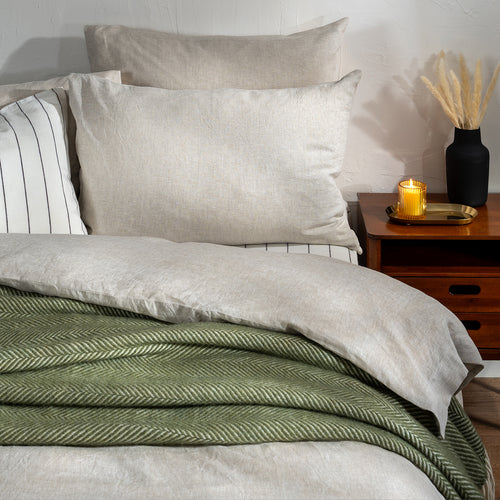 Olive Green Herringbone Pure Wool Throws & Cushions - mustard, bedroom detail | Soak and Sleep