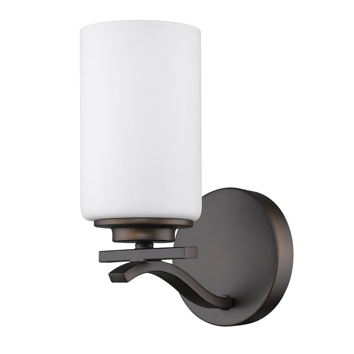 Right side angled view of the One-light bronze wall sconce with frosted cylindrical glass shade and curved metal arm