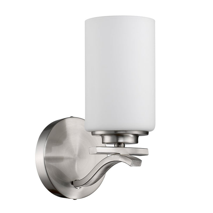 Left side angled view of the One-light brushed silver wall sconce with curved arm and frosted cylindrical glass shade