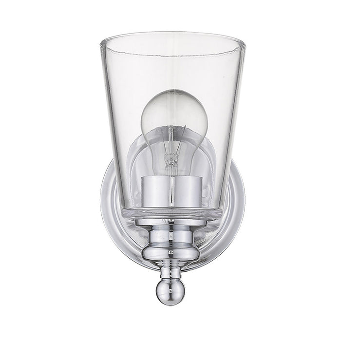 Front  view of the One-Light Silver Wall Sconce with clear tapered glass shade and polished chrome finish