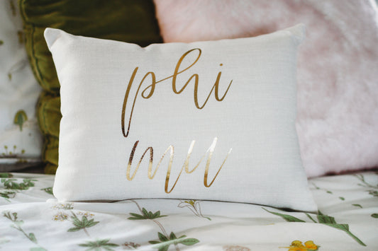 Phi Mu Ivory Pillow Gold Script