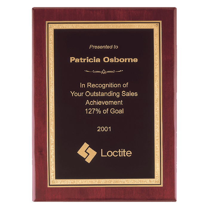 Rosewood Piano Finish Plaque w/Gold Border Black Brass Plate