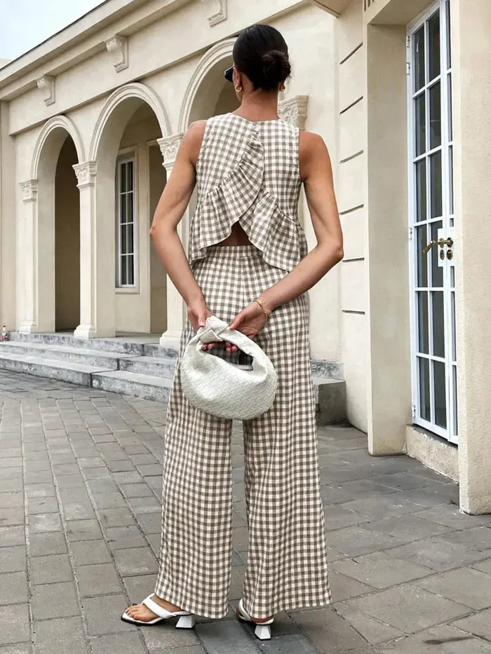 Plaid Patterned Top Straight-Leg Trousers Set