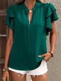 Plain V Neck Dual Ruffles Sleeves Blouse