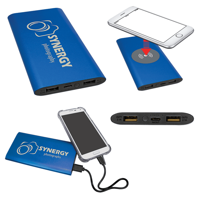 Blue 8000MAH Power Bank & Wireless Anodized Aluminum Charger