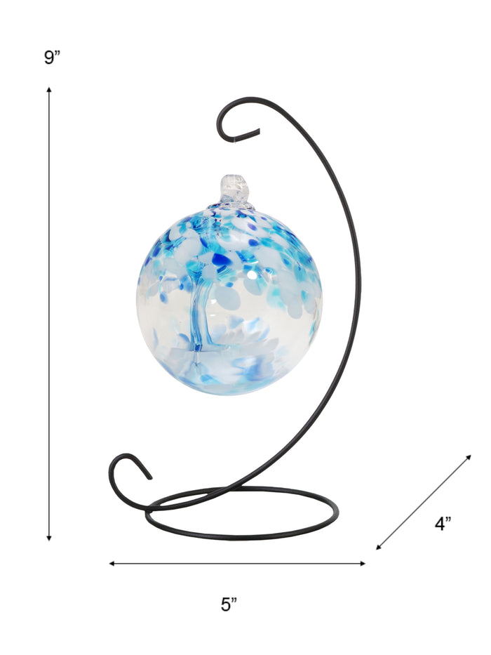 Rainbow Tree of Life 3 Inch Aqua Hand Blown Decorative Glass Ornament with Stand