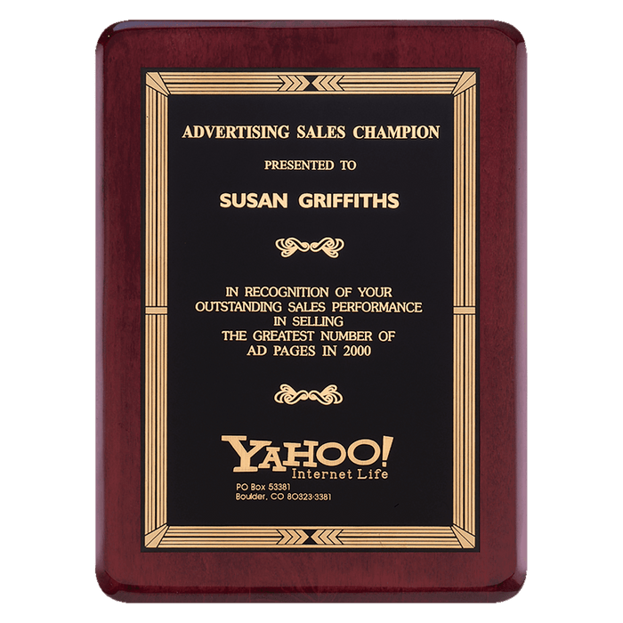 Rosewood Piano Finish Plaque w/Gold Border Black Brass Plate