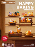 Sanrio Characters Happy Baking Series - Preorder features 10 charming figurines paired with pastries, displayed on wooden trays. Ships by Sept 2025.