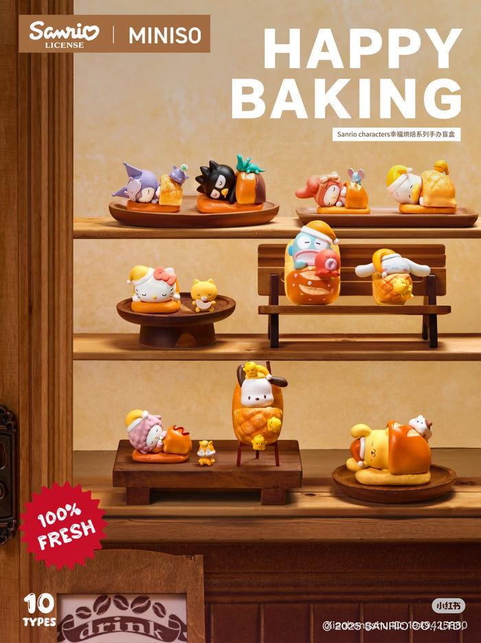Sanrio Characters Happy Baking Series - Preorder features 10 charming figurines paired with pastries, displayed on wooden trays. Ships by Sept 2025.