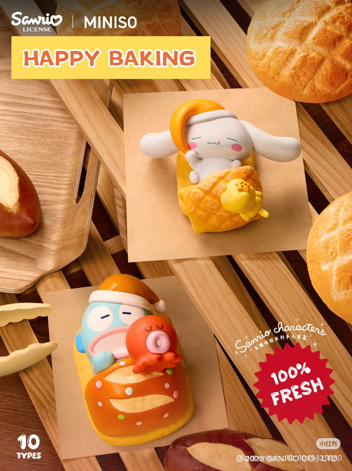 Sanrio Characters Happy Baking Series - Preorder featuring Cinnamoroll and Hangyodon figures nestled in pastries, among real bread, highlighting 10 types to collect.