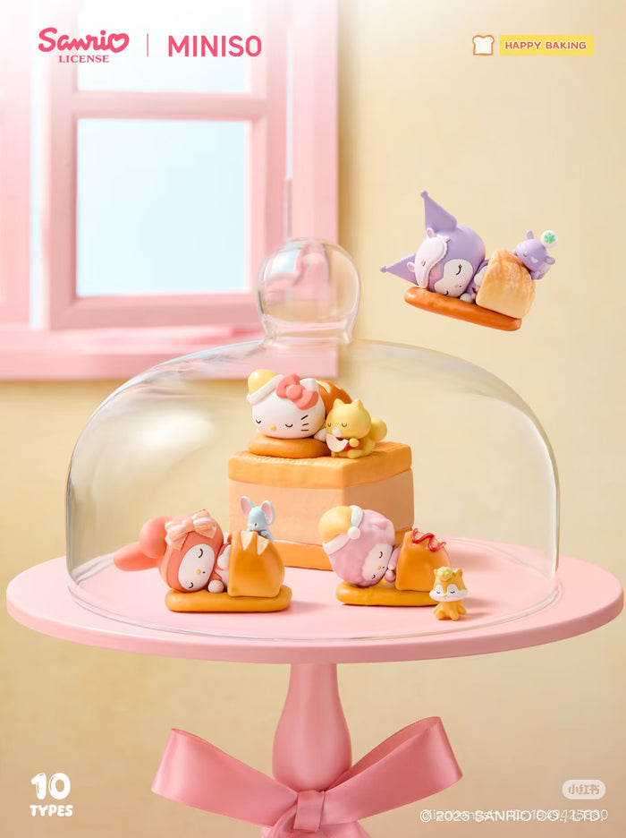 Sanrio Characters Happy Baking Series - Preorder features pastel Sanrio figures with pastry props under a glass cloche, offered in a 10-figure set.
