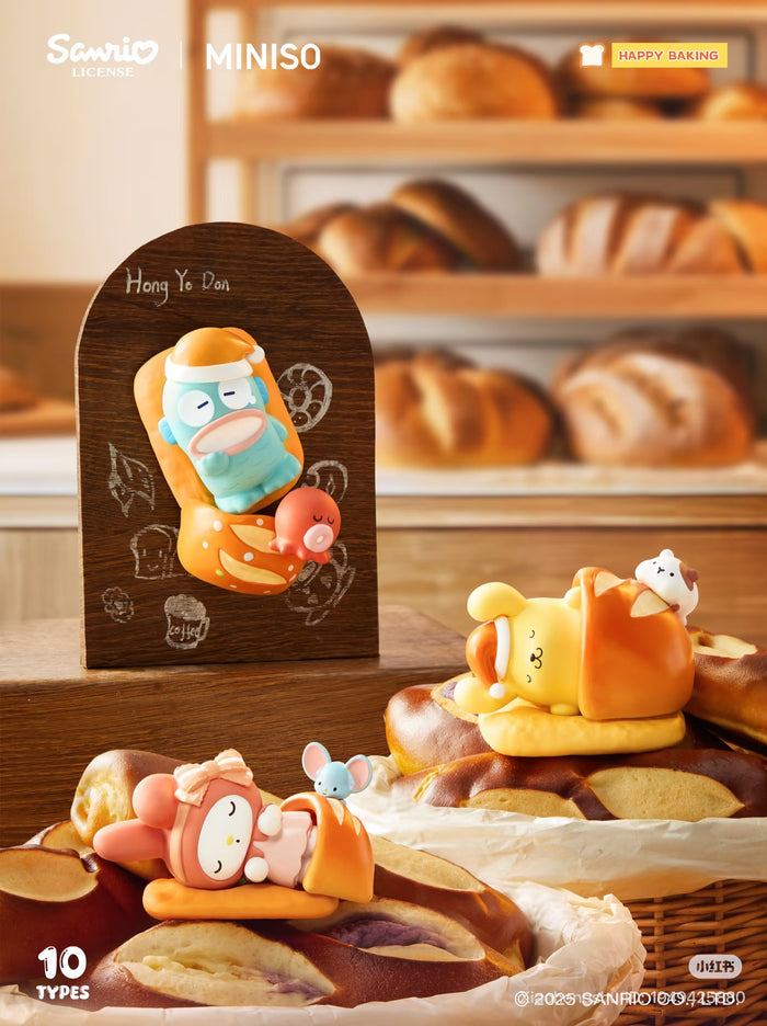 Sanrio Characters Happy Baking Series - Preorder: Figurines of Sanrio characters on bread-shaped pillows, set against bakery shelves. Includes 10 collectible designs.