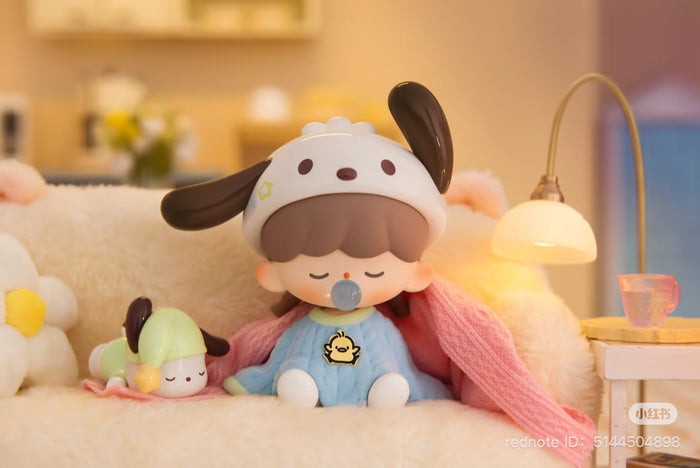 Sanrio ZZoton Goodnight Series Blind Box featuring a close-up of a plush toy, part of a collectible set with six designs and one secret option.