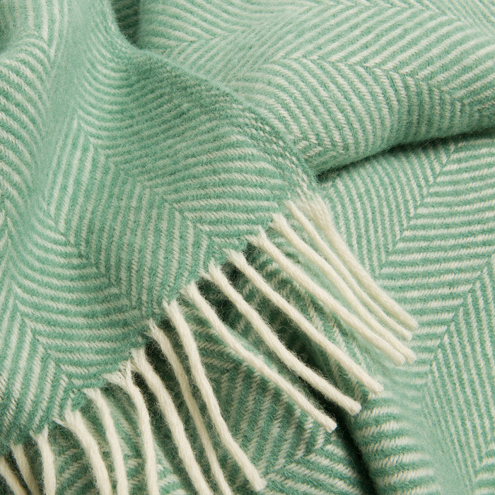 Sea Green Herringbone Pure Wool Throw close-up detail 1 | Soak and Sleep