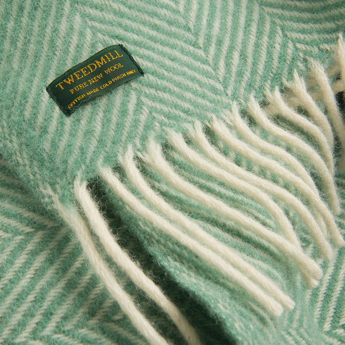 Sea Green Herringbone Pure Wool Throw close-up detail 3 | Soak and Sleep