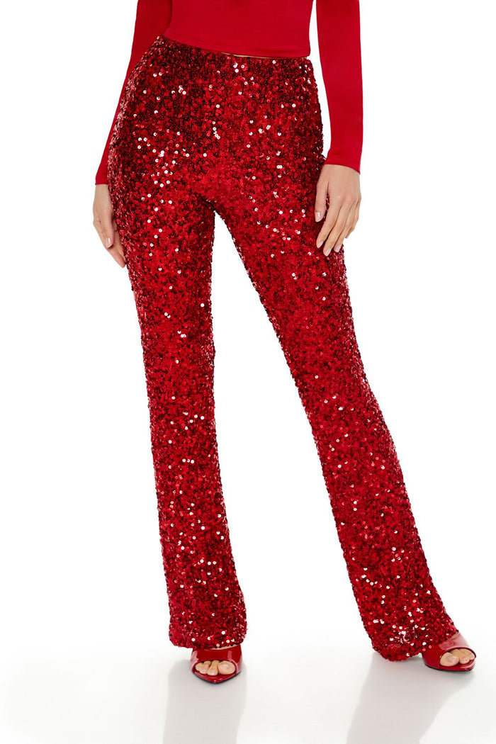 Sequin Mid-Rise Flare Pants