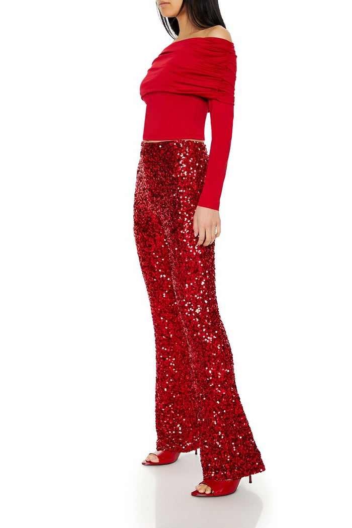 Sequin Mid-Rise Flare Pants