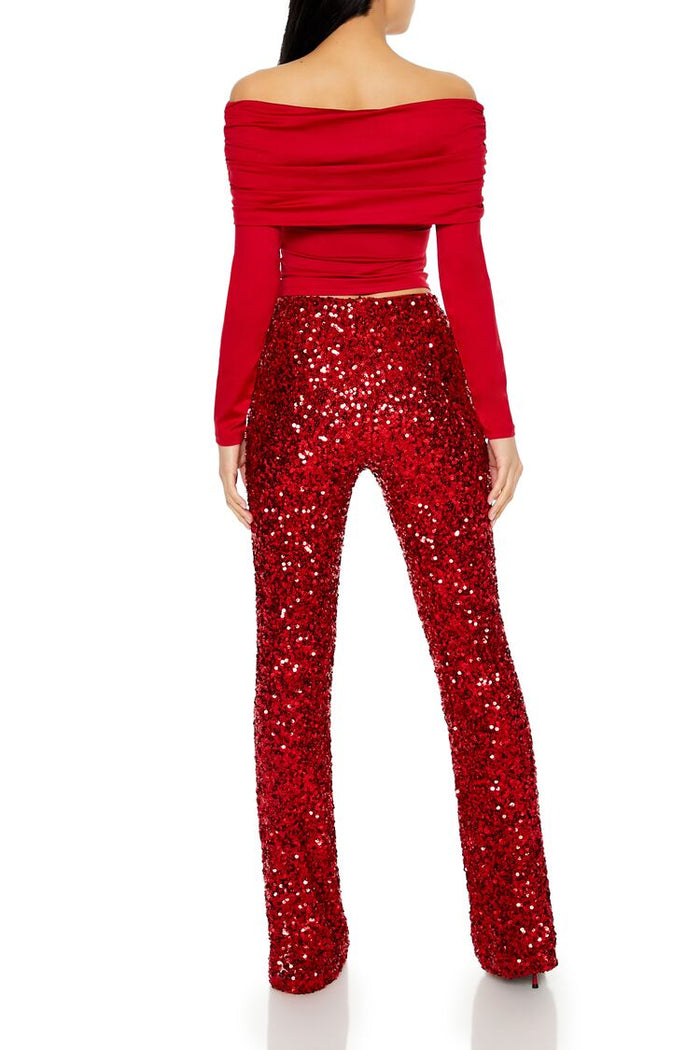 Sequin Mid-Rise Flare Pants
