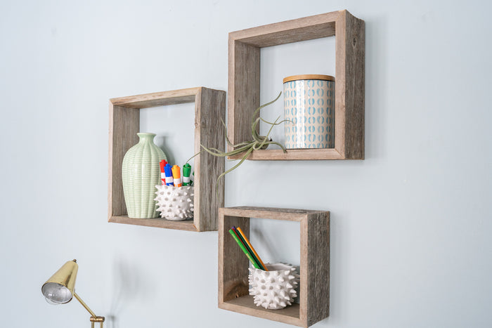 Set Of 3 Square Espresso Reclaimed Wood Open Box Shelves | Each 12"x12"