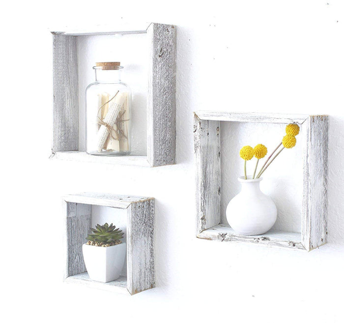 Set Of 3 Square Rustic White Wash Wood Open Box Shelves | Each 12"x12"