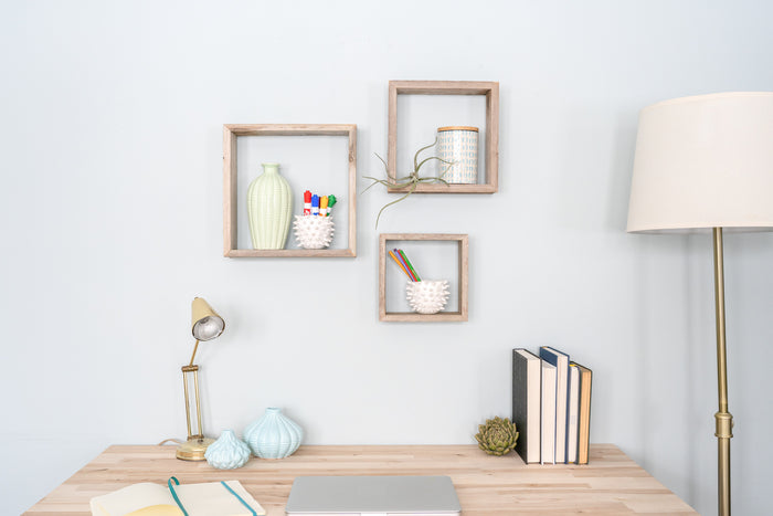 Set Of 3 Square Rustic White Wash Wood Open Box Shelves | Each 12"x12"
