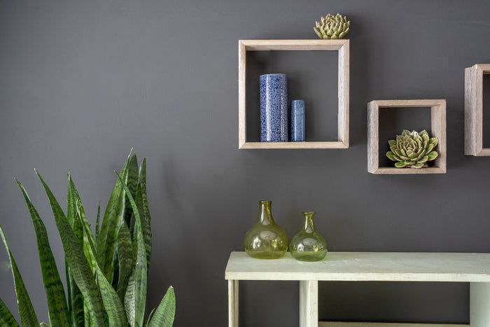 Set Of 3 Square Rustic White Wash Wood Open Box Shelves | Each 12"x12"