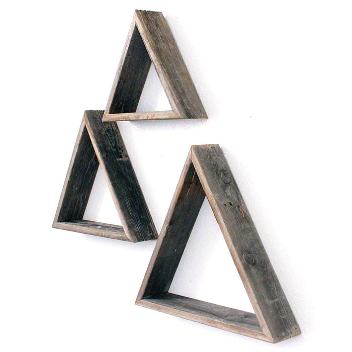Set Of 3 Triangle Rustic Natural Weathered Grey Wood Open Box Shelves | Each 18"x20"