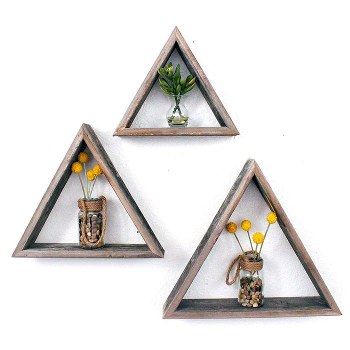Set Of 3 Triangle Rustic Natural Weathered Grey Wood Open Box Shelves | Each 18"x20"