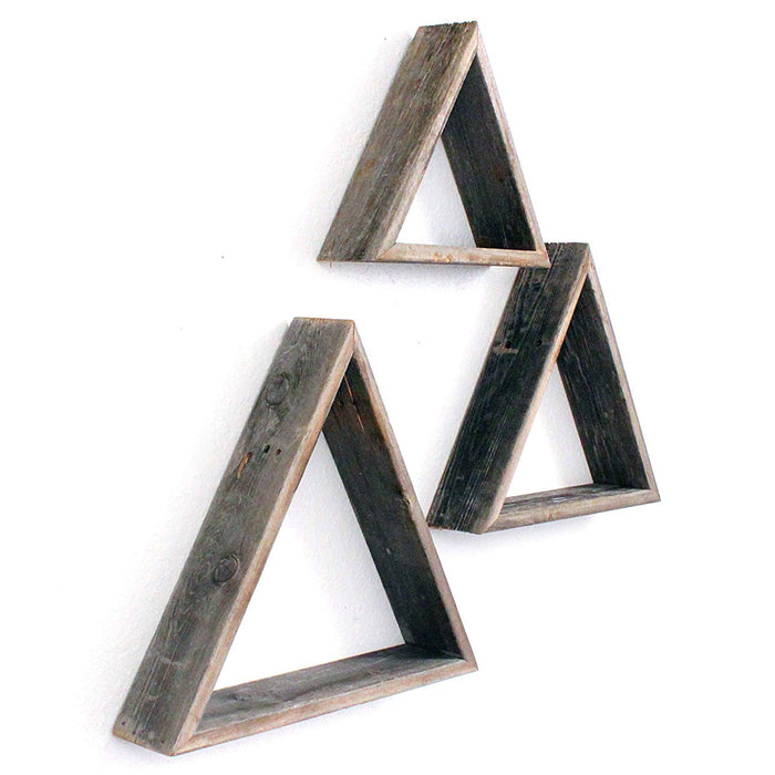 Set Of 3 Triangle Rustic Natural Weathered Grey Wood Open Box Shelves | Each 18"x20"