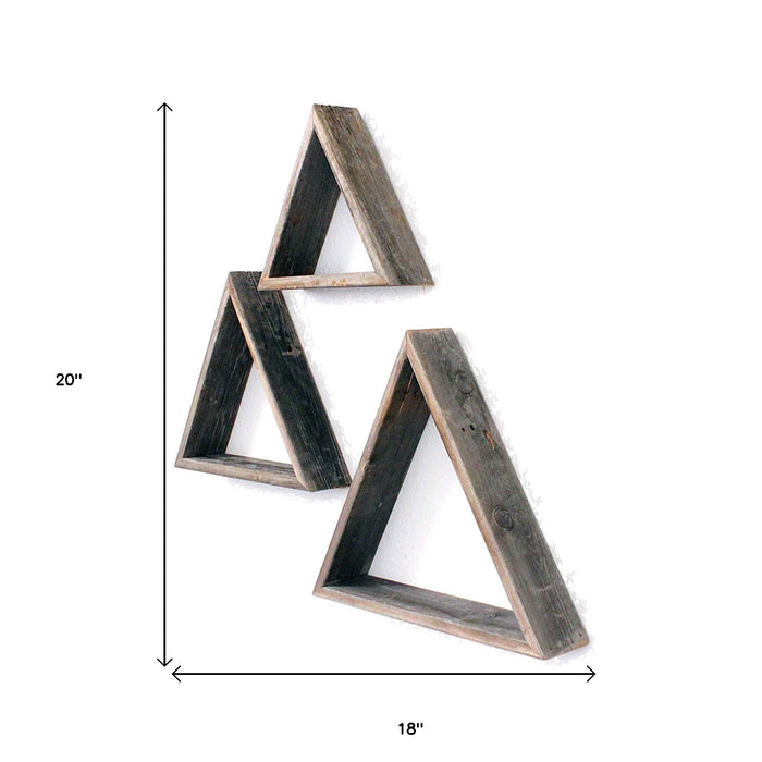 Set Of 3 Triangle Rustic Natural Weathered Grey Wood Open Box Shelves | Each 18"x20"