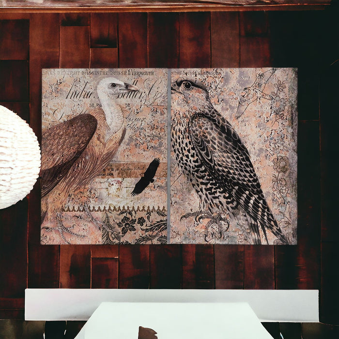 Set of Two Antique Post Card Birds Wood Wall Art | 19.5"x27.5"