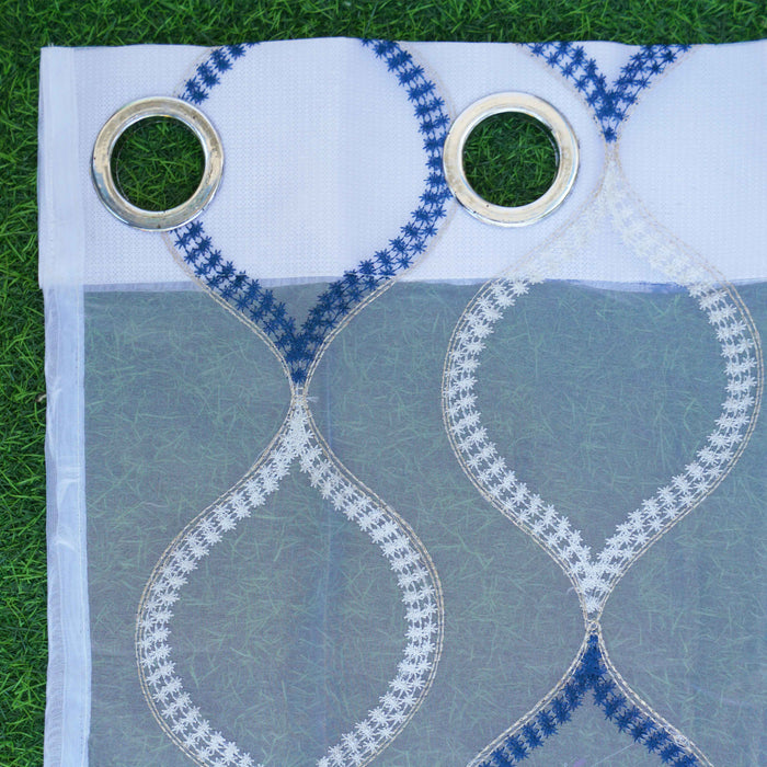 Sheer Tissue Eyelet Geometric Design Blue Window Curtain