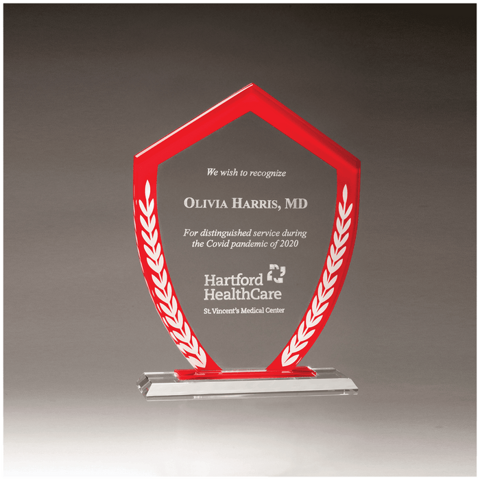 5.9" x 8.1" Shield Glass Award w/Red Border & White Leaves