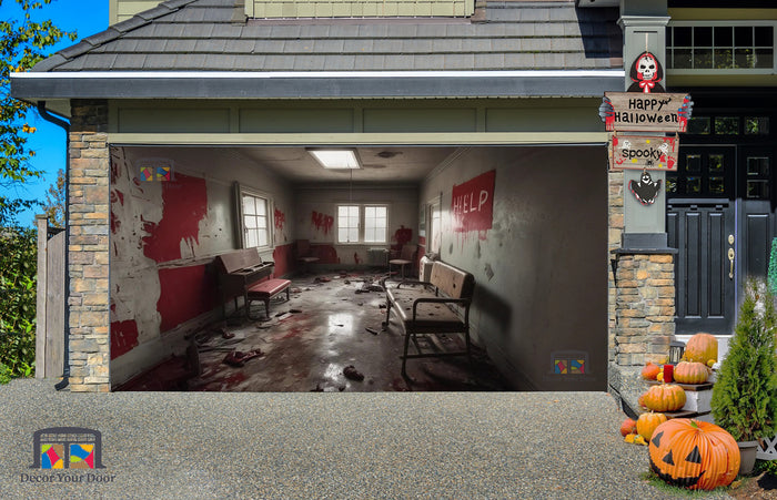 Sinister Abandoned Hospital Room with Wheelchair and "Help" Garage Door Cover Banner Wrap - Decor Your Door