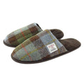 A pair of Harris Tweed slippers with a blue, green and brown tartan pattern and brown trim.